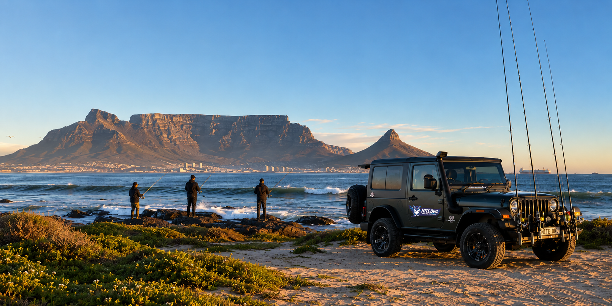 Shore anglers and a Nite Owl vehicle along the Cape Town coastline
